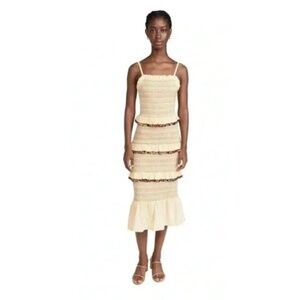 NEVER FULLY DRESSED Ruffled Beige Midi Dress with Pompoms | Boho Summer | 6 *